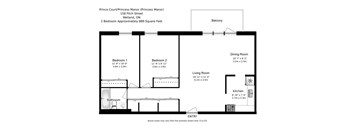 A floor plan of a 2 bedroom apartment with dimensions and room locations.
