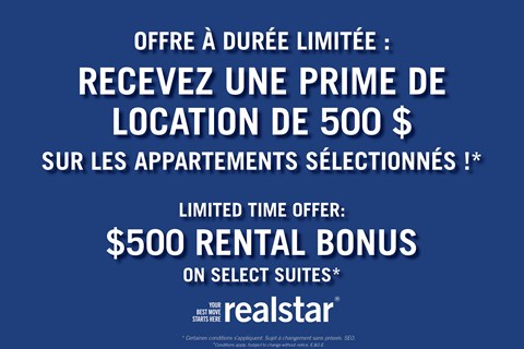 A promotional image offering a $500 rental bonus on select suites.
