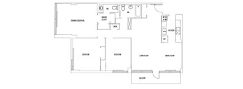 A floor plan of a house with a living room, dining room, kitchen, and three bedrooms.
