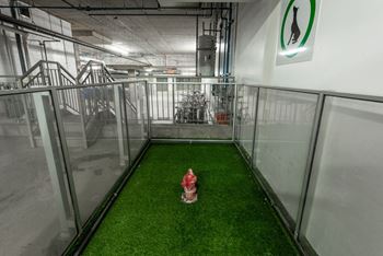 Indoor, self-cleaning dog park with AstroTurf and a mini fire hydrant at Axial Towers in Laval, QC