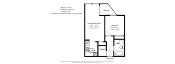 A floor plan of a one bedroom, one bathroom apartment in at Regency Place in Whitby, Ontario.