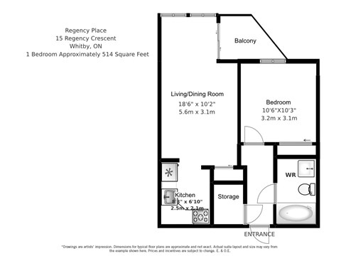 A floor plan of a one bedroom, one bathroom apartment in at Regency Place in Whitby, Ontario.
