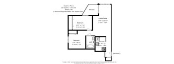 A floor plan of a two bedroom, one bathroom apartment at Regency Place in Whitby, ON.