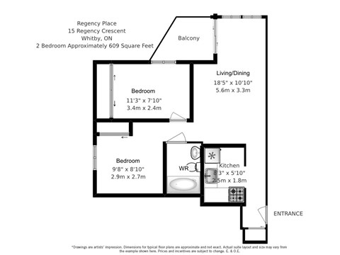 A floor plan of a two bedroom, one bathroom apartment at Regency Place in Whitby, ON.