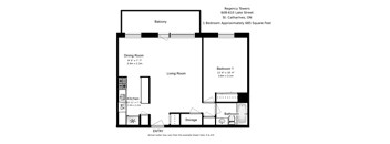 A black and white image of a floor plan for a one bedroom apartment.
