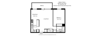 A black and white image of a floor plan for a one bedroom apartment.