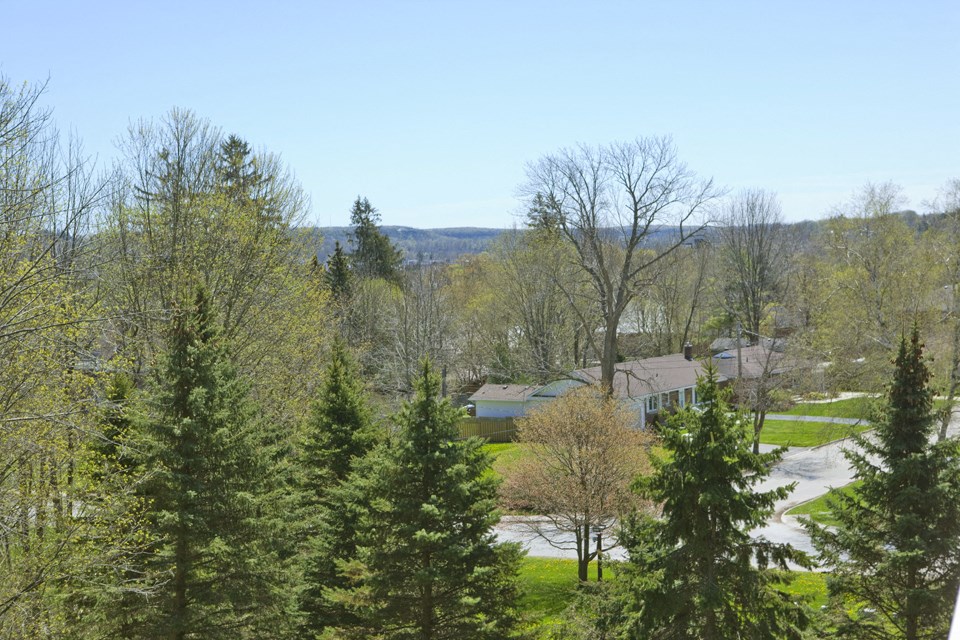 Regency Towers view of tree filled area from balcony in Owen Sound, ON