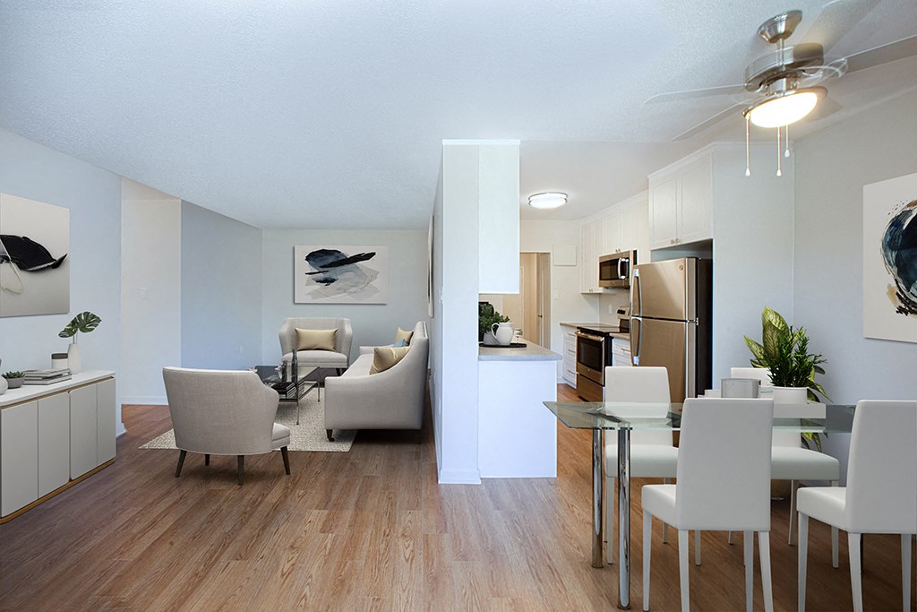 Regency Towers dining area with view into living room and kitchen in Owen Sound, ON