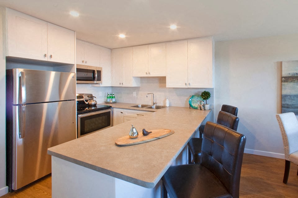 Regency Towers modern kitchen with stainless steel appliances in St. Catherines, ON
