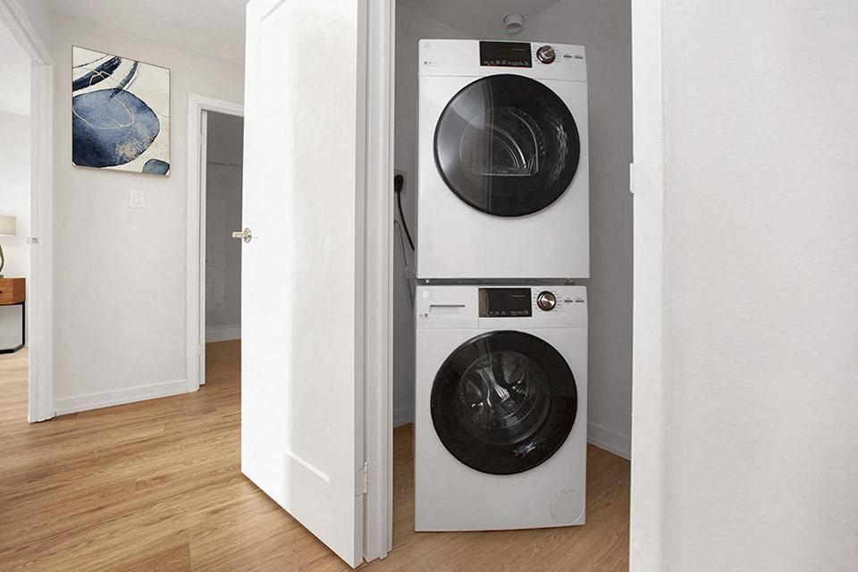 In-suite stacked laundry at Riverbend Tower Apartments in Chatham, ON