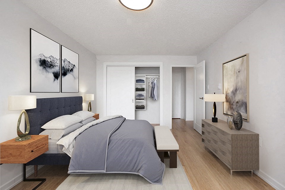 Second bedroom at Riverbend Tower Apartments in Chatham, ON, looking towards closet