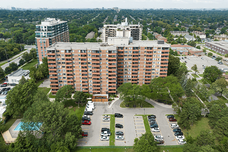 Royal Rose building drone exterior in Etobicoke, ON