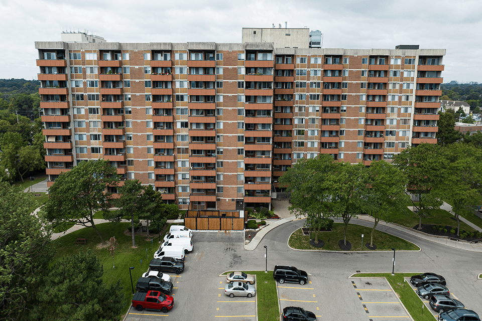 Royal Rose building drone exterior in Etobicoke, ON