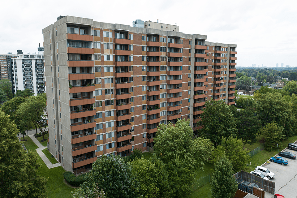 Royal Rose building drone exterior in Etobicoke, ON