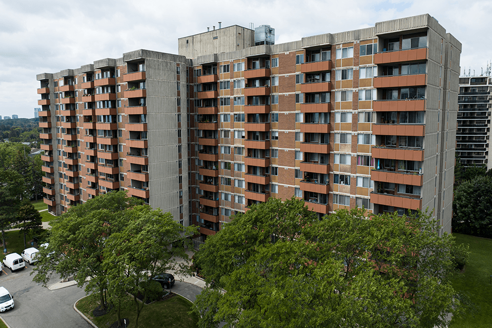 Royal Rose building drone exterior in Etobicoke, ON