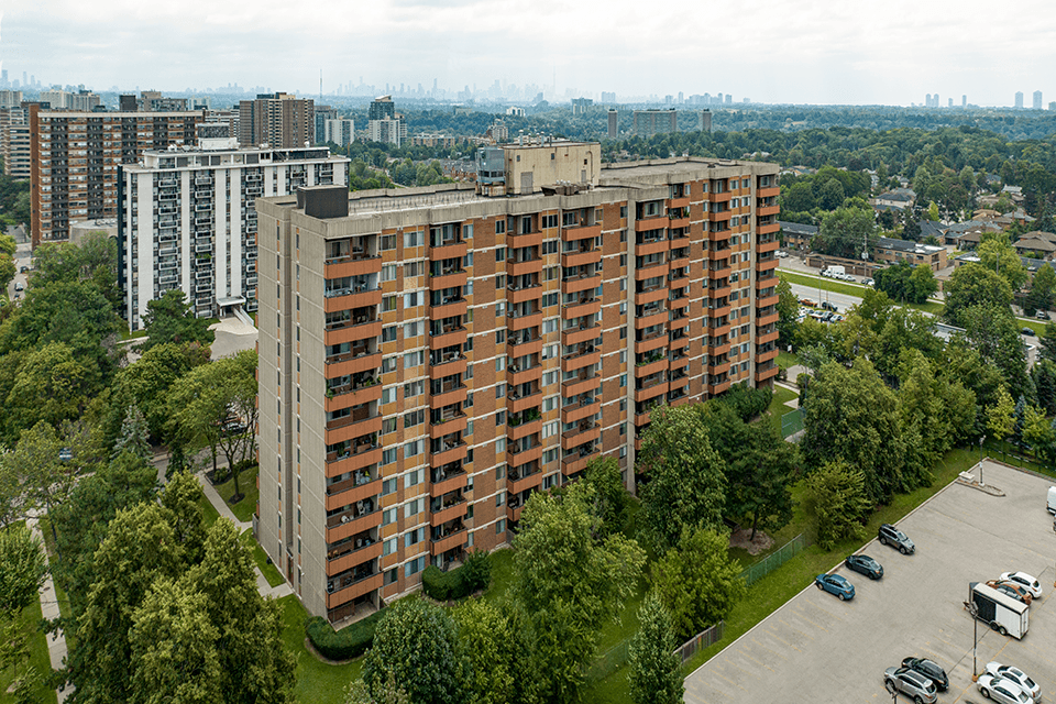 Royal Rose building drone exterior in Etobicoke, ON