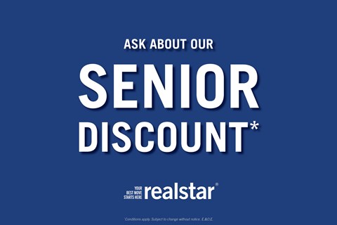 A blue background with the text "ASK ABOUT OUR SENIOR DISCOUNT" and the Realstar logo.