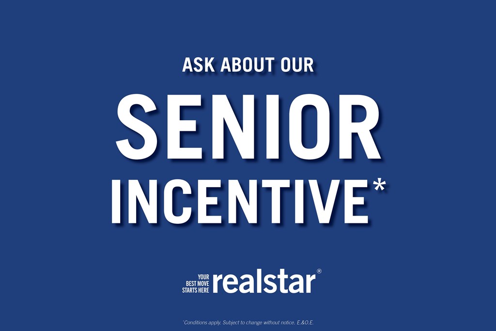 A blue poster with the text "ASK ABOUT OUR SENIOR INCENTIVE" and the Realstar logo.
