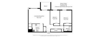 Floor plan of a two bedroom, one bathroom, spacious luxury apartment at Shannon Towers in Collingwood, ON