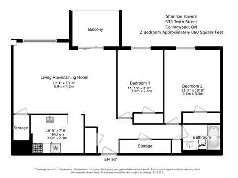 Floor plan of a two bedroom, one bathroom, spacious luxury apartment at Shannon Towers in Collingwood, ON
