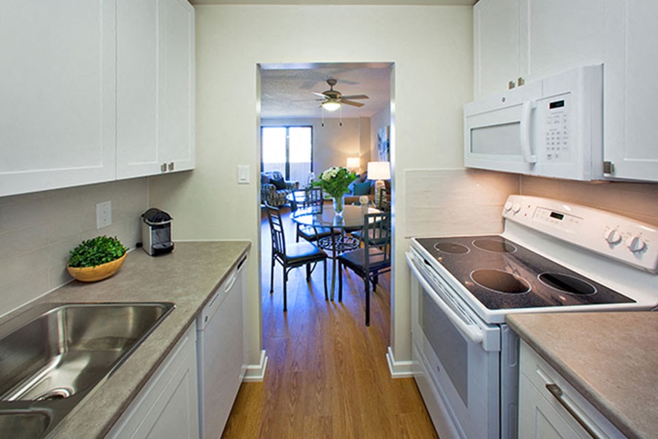 Shannon Towers kicthen with full range stove and over-the-range microwave