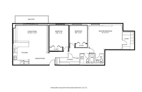 A floor plan for a 3 bedroom, 1.5 bathroom apartment at Silvercreek Towers in Georgetown, ON.