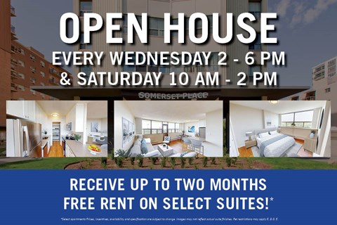An advertisement for an open house event at Somerset Place, offering free rent for two months on select suites.