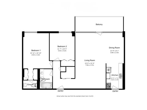 A floor plan of a two bedroom, one bathroom apartment at Somerset Place Apartments.