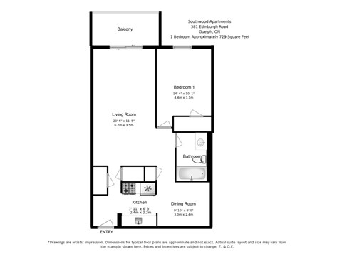 A floorplan of a one bedroom, one bathroom apartment layout at Southwood Apartments in Guelph, ON.