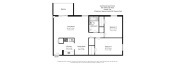 A floorplan of a two bedroom, one bathroom apartment layout at Southwood Apartments in Guelph, ON