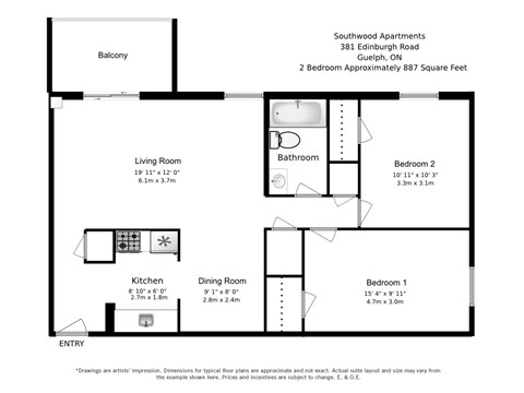 A floorplan of a two bedroom, one bathroom apartment layout at Southwood Apartments in Guelph, ON