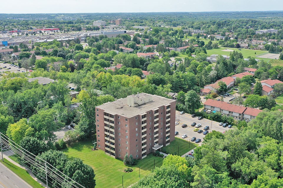 Southwood Apartments in Guelph, ON drone view of property