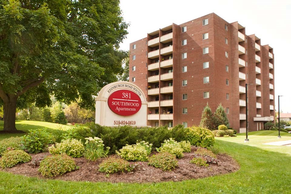 Southwood Apartments in Guelph, ON exterior with building sign