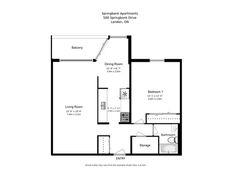 One bedroom, one bathroom apartment layout at Springbank Apartments in London, ON