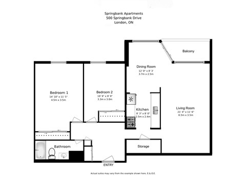 Two bedroom, one bathroom apartment layout at Springbank Apartments in London, ON