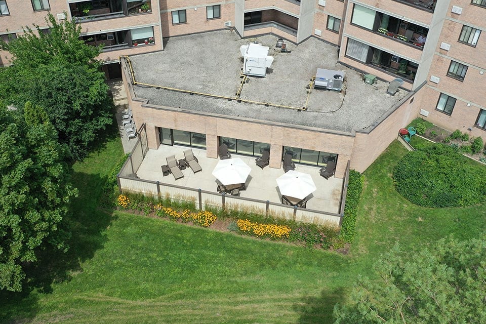 Outdoor patio with seating at Springbank in London, ON