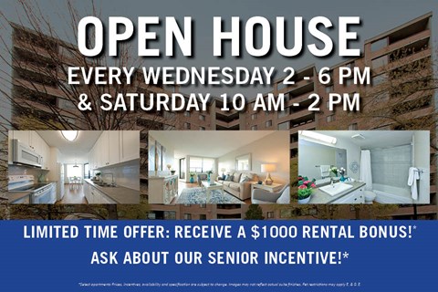 A flyer advertises open house events on Wednesdays and Saturdays, along with a limited-time offer for a $1000 rental bonus and a senior incentive.