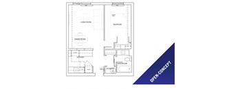 One bedroom, one bathroom open-concept apartment layout at St. Lawrence Village in St. Catharines, ON