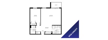 One bedroom, one bathroom open-concept apartment layout at St. Lawrence Village in St. Catharines, ON