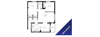Two bedroom, one bathroom open-concept apartment layout at St. Lawrence Village in St. Catharines, ON