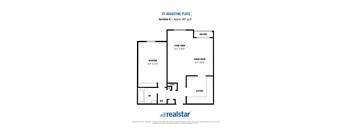 A floor plan for a home by realstar shows a bedroom, living room, dining room, kitchen, and balcony.