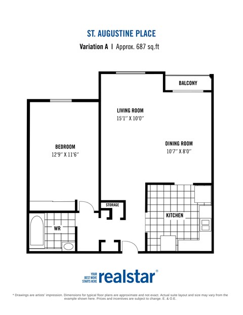A floor plan for a home by realstar shows a bedroom, living room, dining room, kitchen, and balcony.