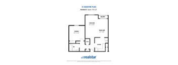 A floor plan for a home with a living room, dining room, bedroom, and kitchen.