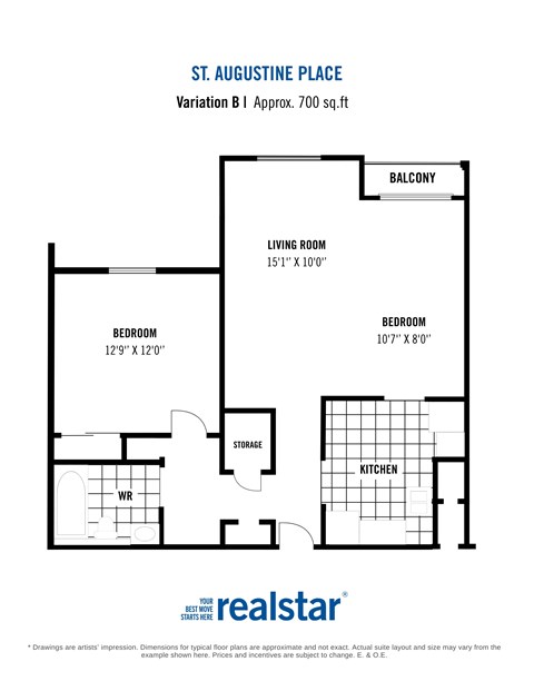 A floor plan for a home with a living room, bedroom, and kitchen.