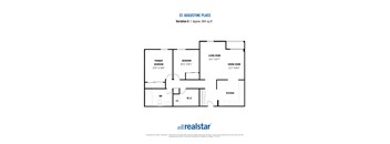 A floor plan for a home by realstar shows a living room, two bedrooms, a dining room, a kitchen, a laundry room, and a garage.