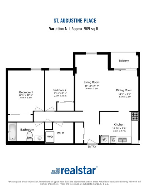 A floor plan for a 909 square foot apartment from St. Augustine Place.