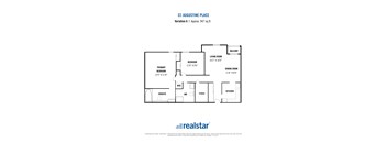 A floor plan for a home by realstar shows a living room, a dining room, a kitchen, a bedroom, a primary bedroom, a den, an en suite, a storage area, and a balcony.