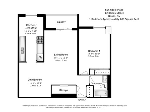 A  one bedroom, one bathroom Apartment at Sunnidale Place in Barrie, ON.