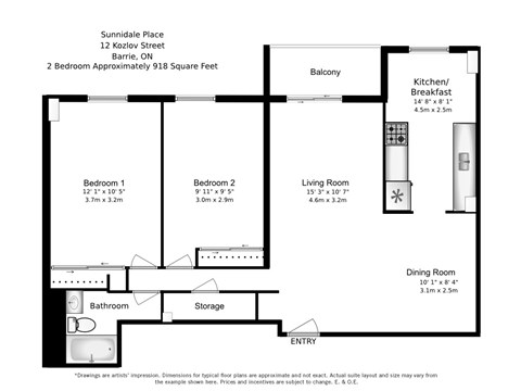 A two bedroom, one bathroom apartment at Sunnidale Place in Barrie, ON.