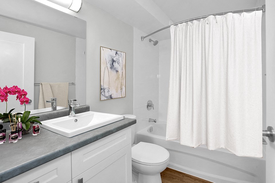 Sunset Towers Bathroom with large vanity with storage, toilet and bathtub with shower in St. Thomas, ON